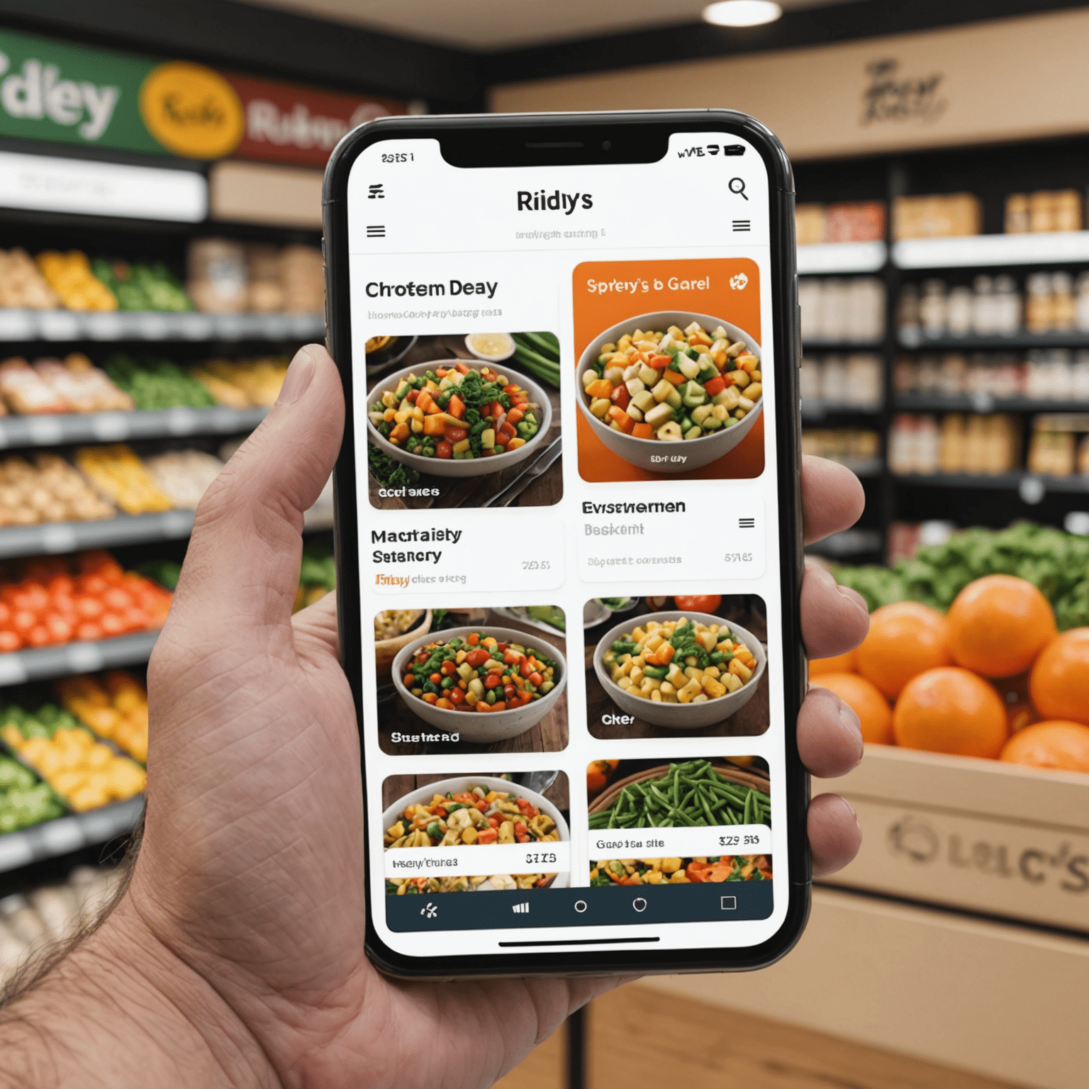 Ridley's Grocery App displayed on a smartphone screen, showing the main menu with options for browsing products, viewing deals, and managing account.