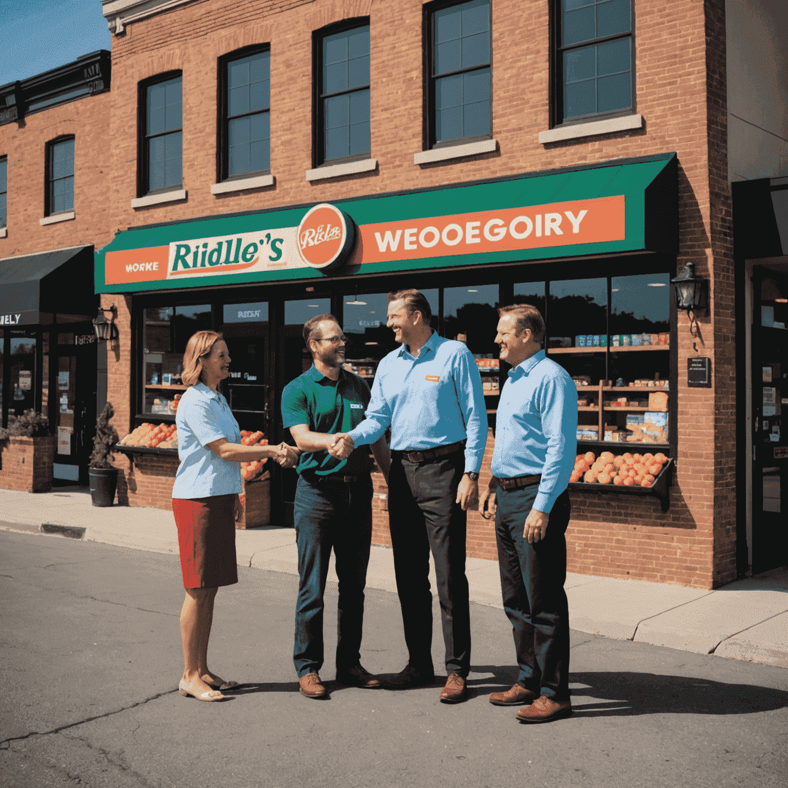 Image showcasing the collaboration between Ridley's Grocery and WEOKIE, with representatives from both organizations shaking hands in front of a Ridley's store