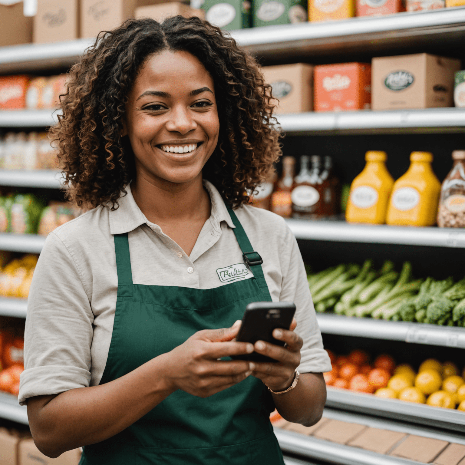 Photo of a smiling customer holding a smartphone with the Ridley's Grocery App open